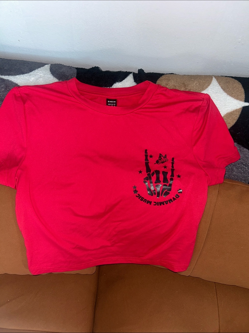 SHEIN Red Crop Tee with Black Skeleton Hand Graphic